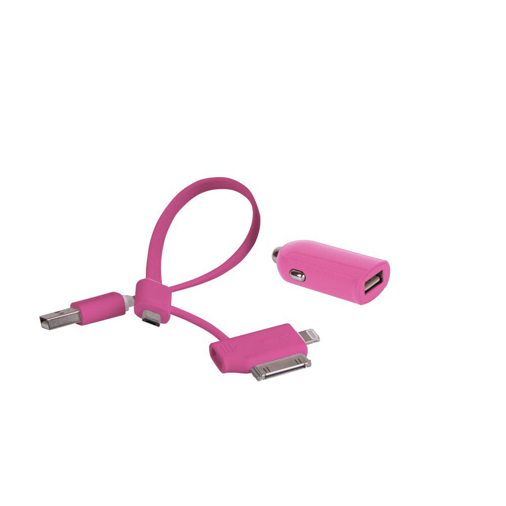 2PK Laser 2.4A USB Car Charger w/ 3in1 Cable Cord - Pink