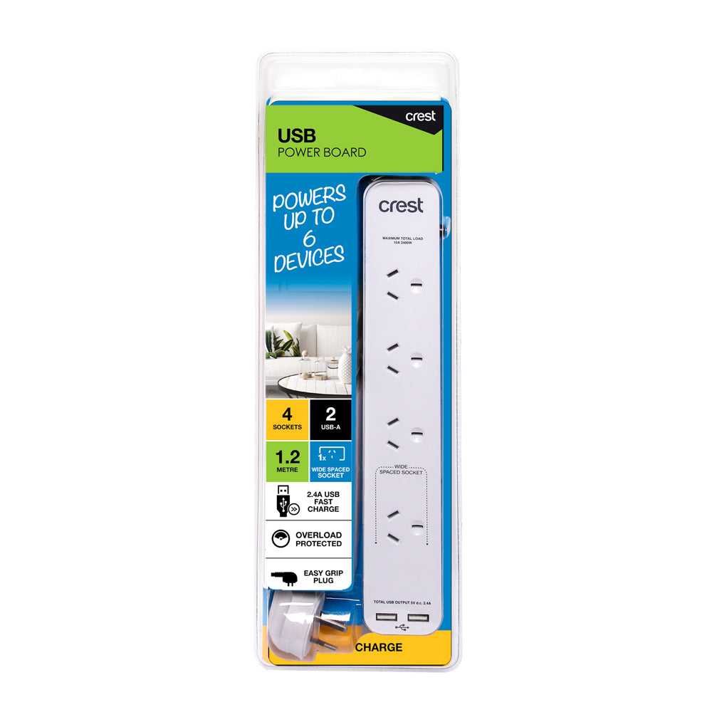 Crest 4-Socket Power Board Strip w/ 2x USB-A Ports - White