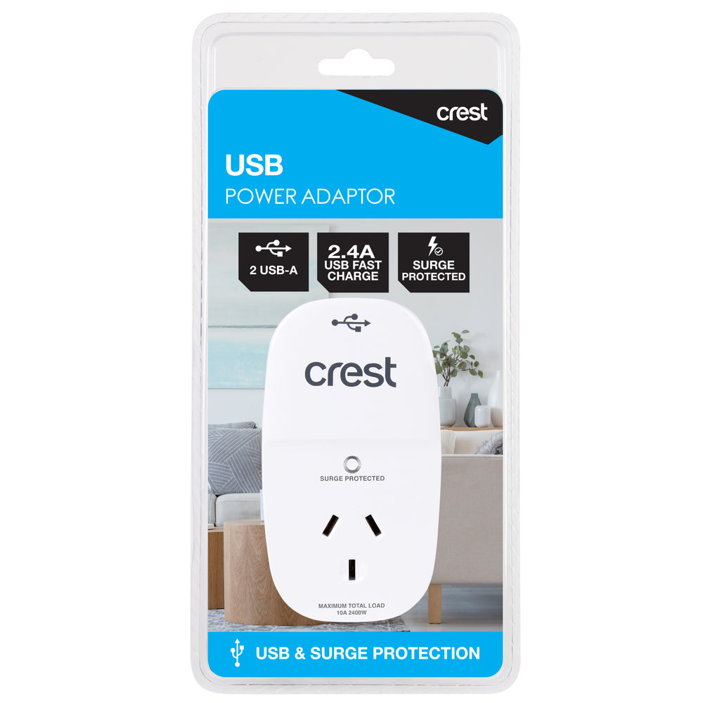Crest Surge Protected 1-Socket Power Adaptor w/ 2x USB-A Ports - White