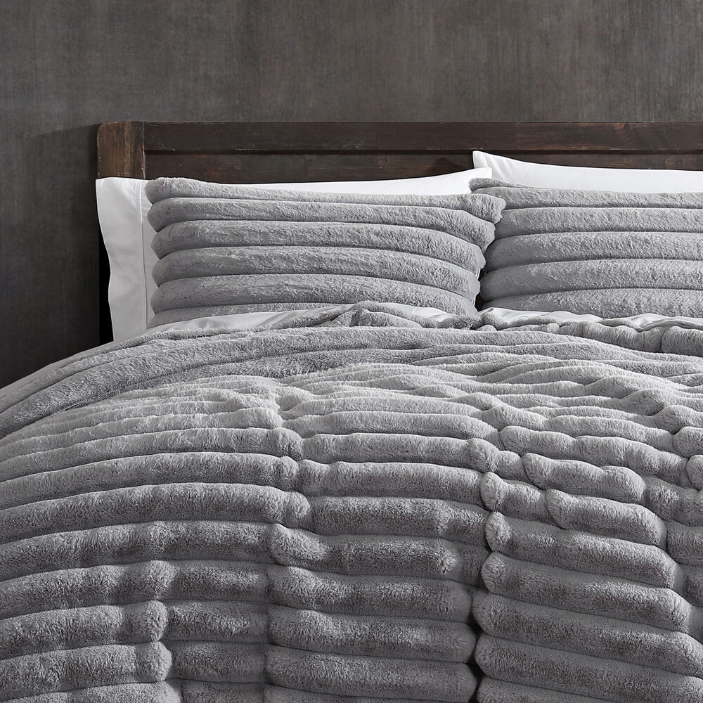 Ardor Boudoir Double Jax Chunky Faux Fur Quilt Cover w/ Pillowcase Set - Smoke
