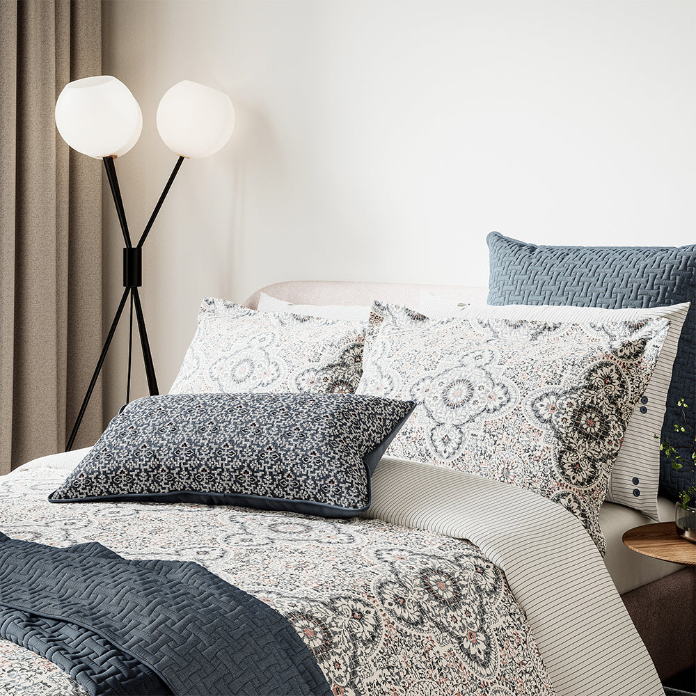Bedeck Nena Size Queen Bed Cover Set With Pillowcases Denim/Coral