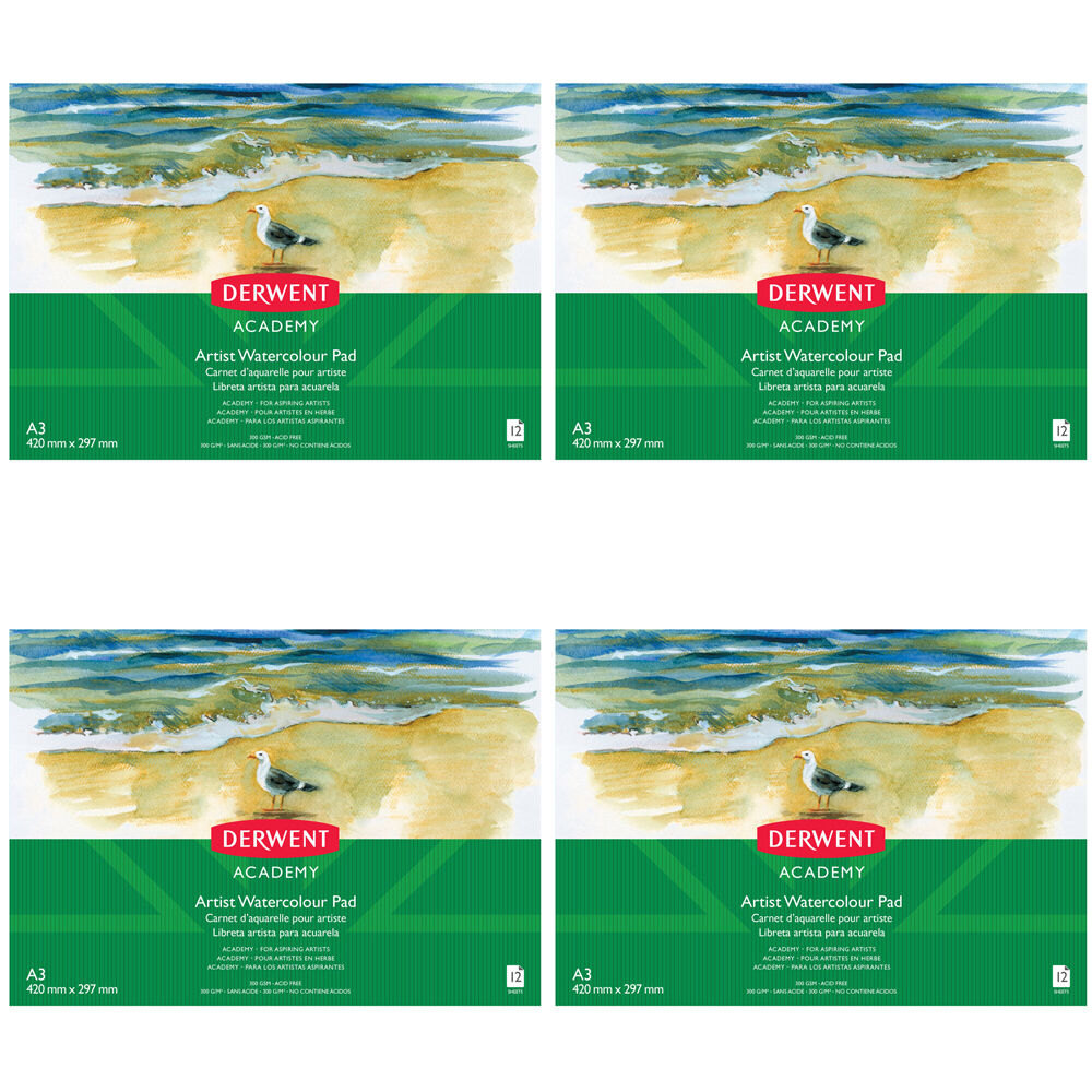 4PK Derwent Academy Art Watercolour A3 Landscape Paper Pad 12 Sheet