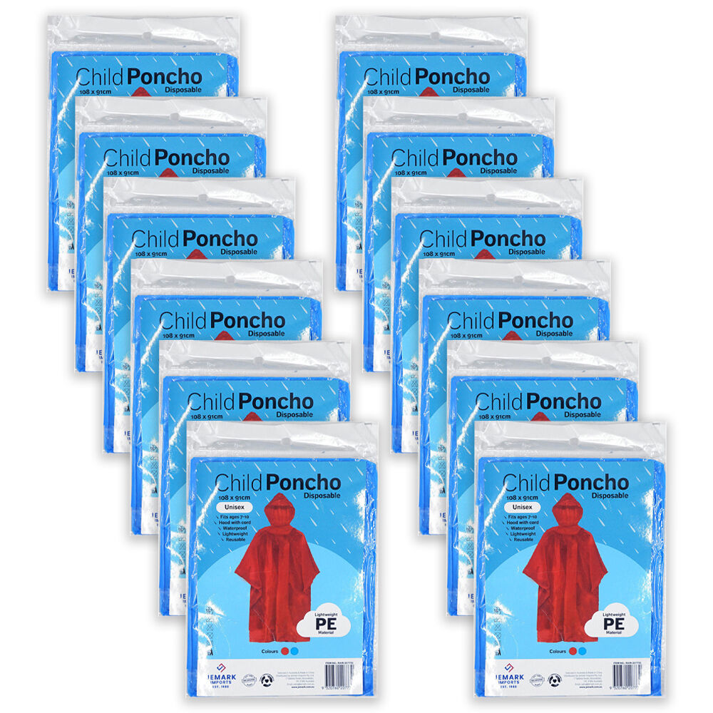 12PK Jemark Childrens Lightweight Waterproof Poncho Rain Cover 108x91cm Assorted