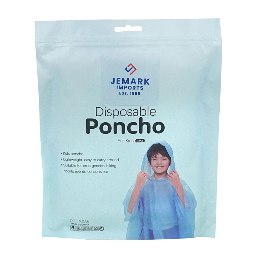 12x 5pc Jemark Kids Disposable Waterproof Poncho Rain Cover 80x110cm Assorted