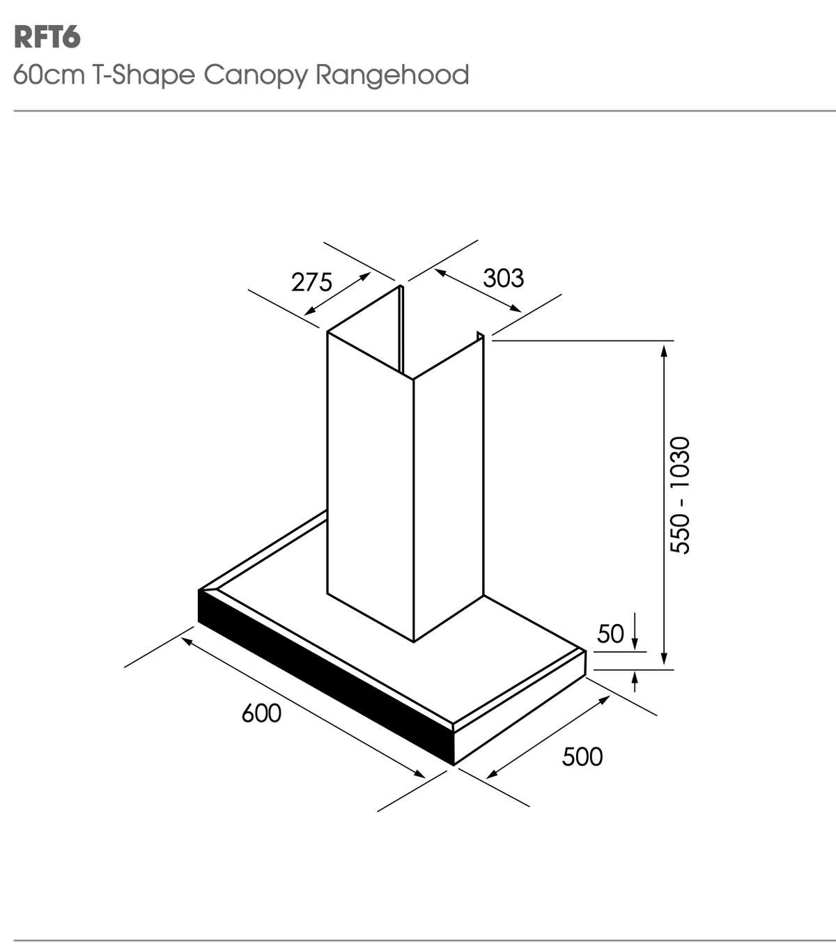 Euromaid 60cm T-Shape Canopy Rangehood 1000m3/h Stainless Steel - Silver