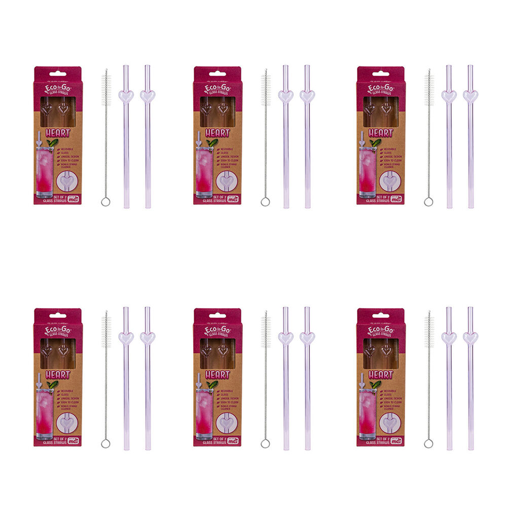 6x 2pc Eco-To-Go Glass Straw Heart Shaped Reusable with Cleaner Set