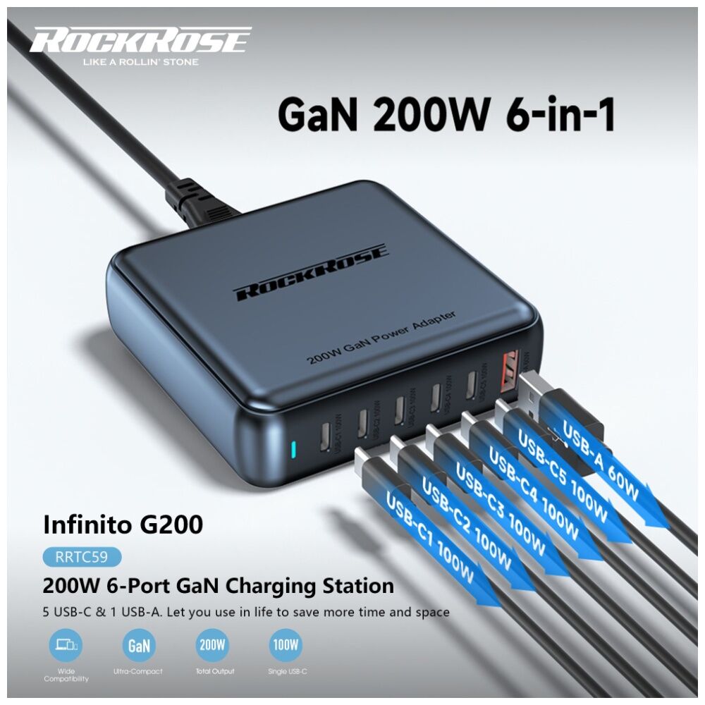 Rockrose Infinito G200 200W 6-Port Charging Station USB-C Space Grey