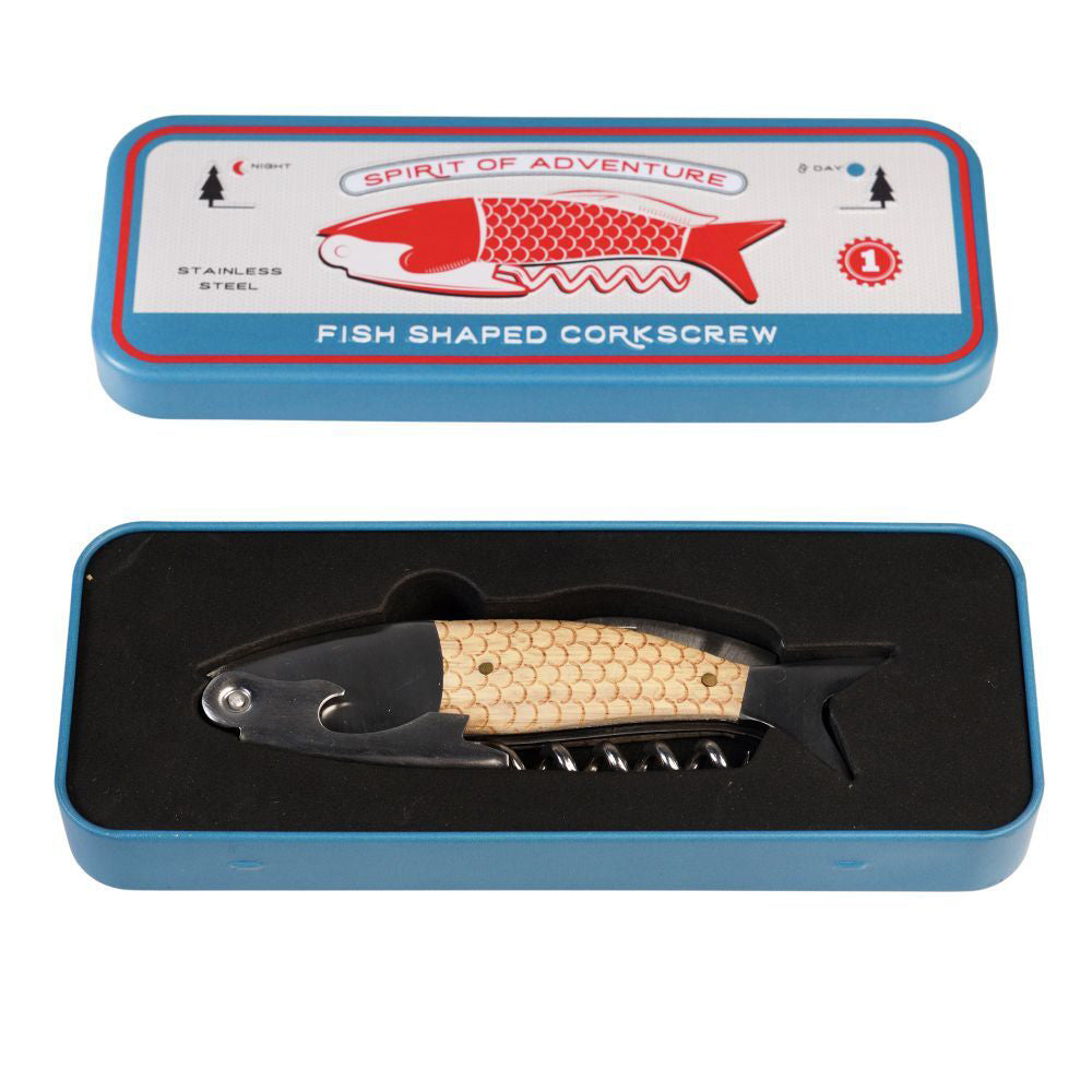 Rex London Stainless Steel Fish Corkscrew in a Tin Bottle Opener