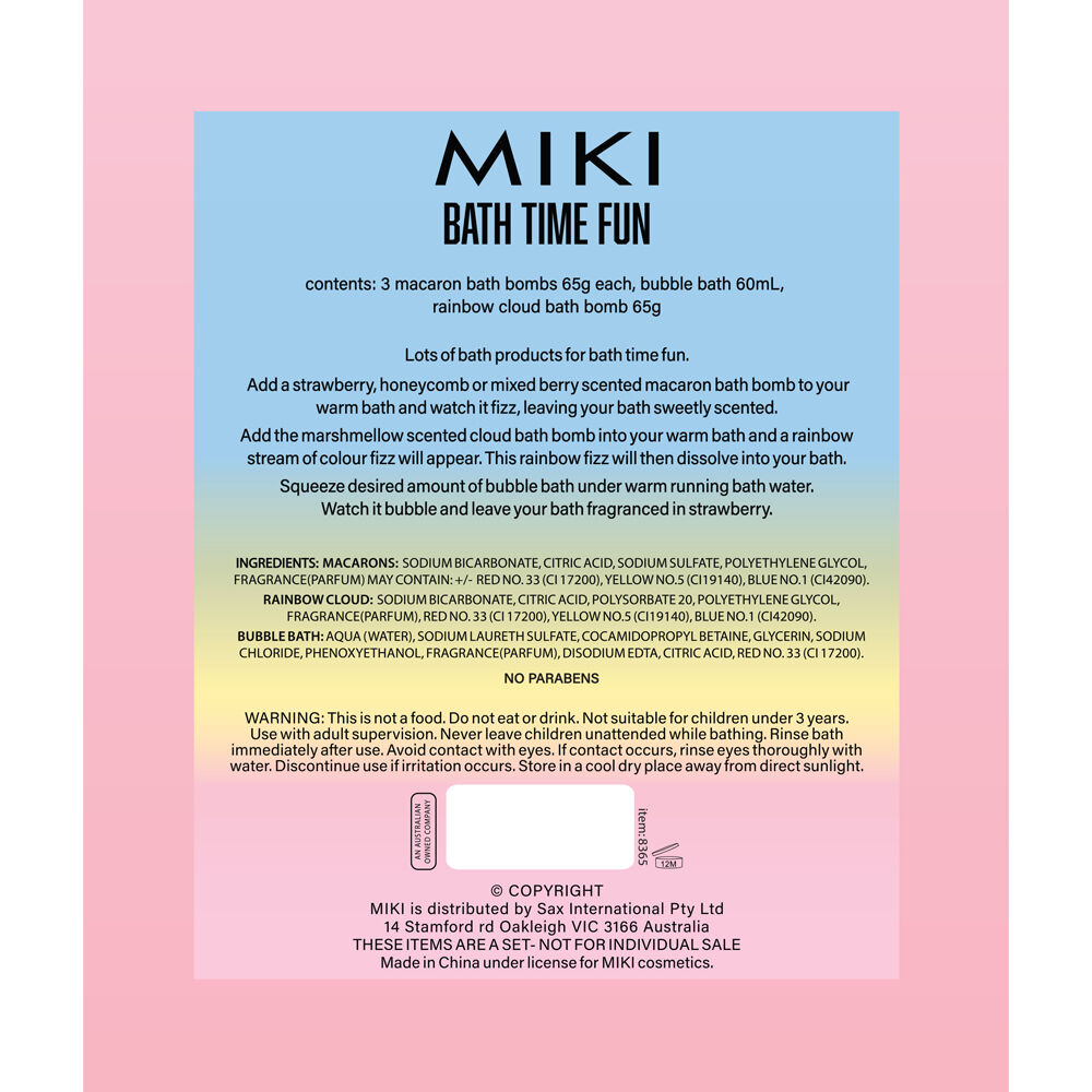 5pc Miki Kids Bath Time Fun Pack w/ 65g Bathbombs and 60mL Bubbles 3y+