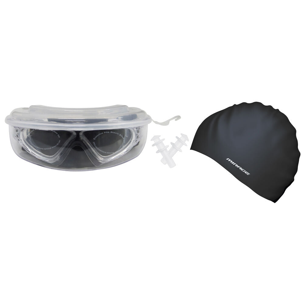2PK Mirage Lethal Unisex Adult Goggles/Swim Cap/Ear Plugs Swimming Pack Black