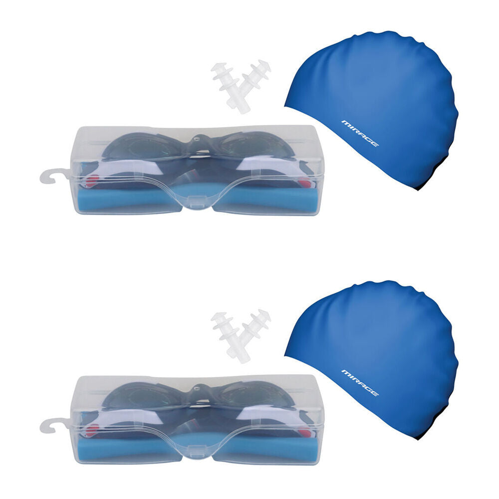 2PK Mirage Unisex Adult Goggles/Swim Cap/Ear Plugs Swimming Pack Blue