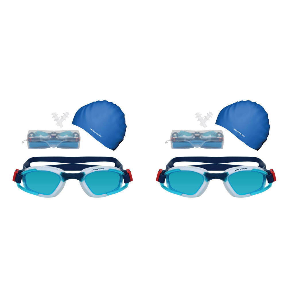 2PK Mirage Unisex Adult Goggles/Swim Cap/Ear Plugs Swimming Pack White