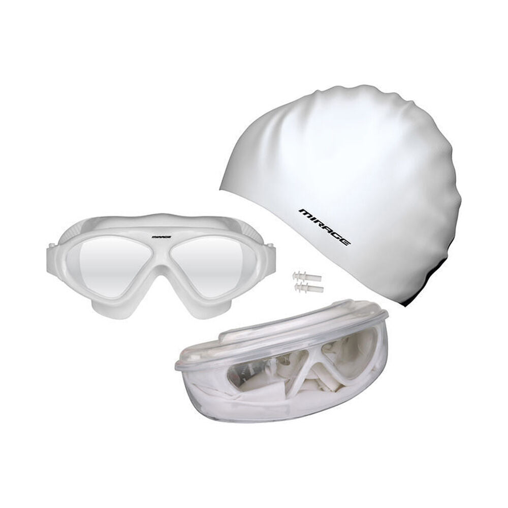2PK Mirage Bondi Ocean Goggles/Swim Cap/Ear Plugs Swimming Pack White