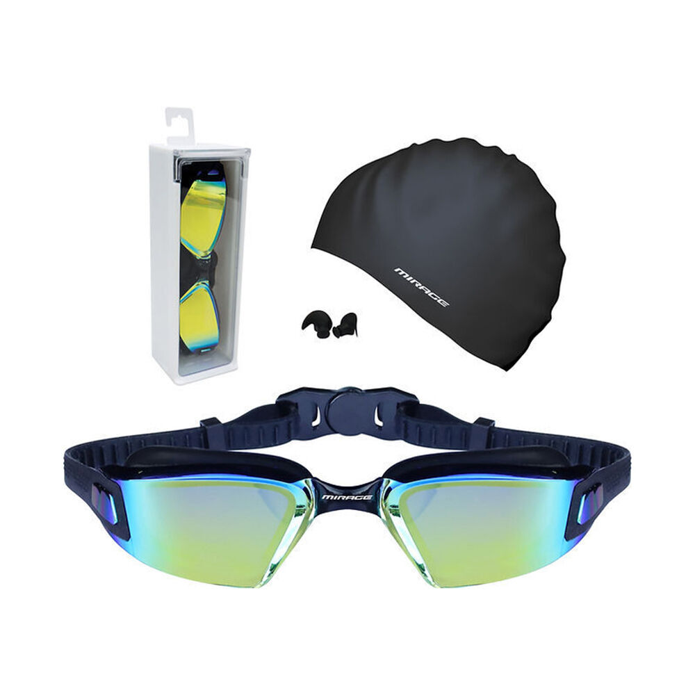 2PK Mirage Lane Master Adult Performance Goggles/Swim Cap/Ear Plugs Pack Black