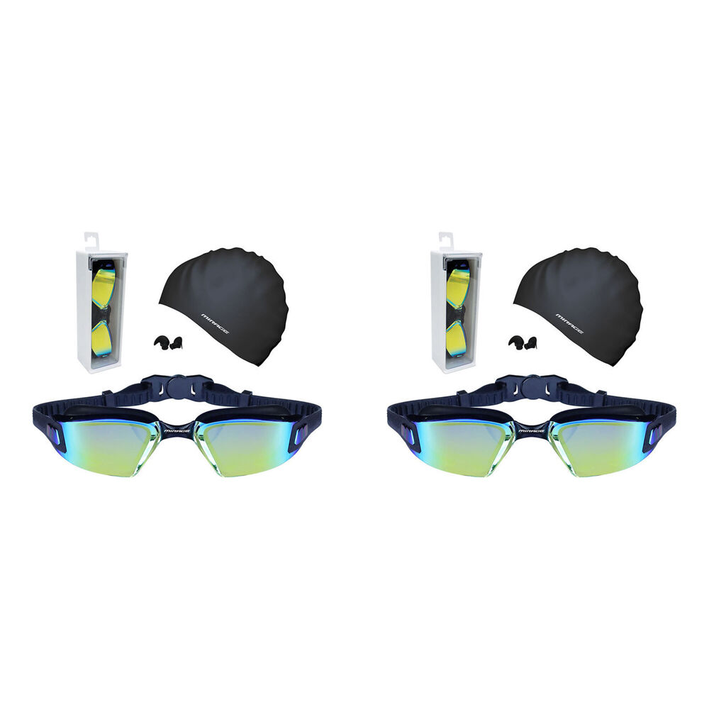 2PK Mirage Lane Master Adult Performance Goggles/Swim Cap/Ear Plugs Pack Black