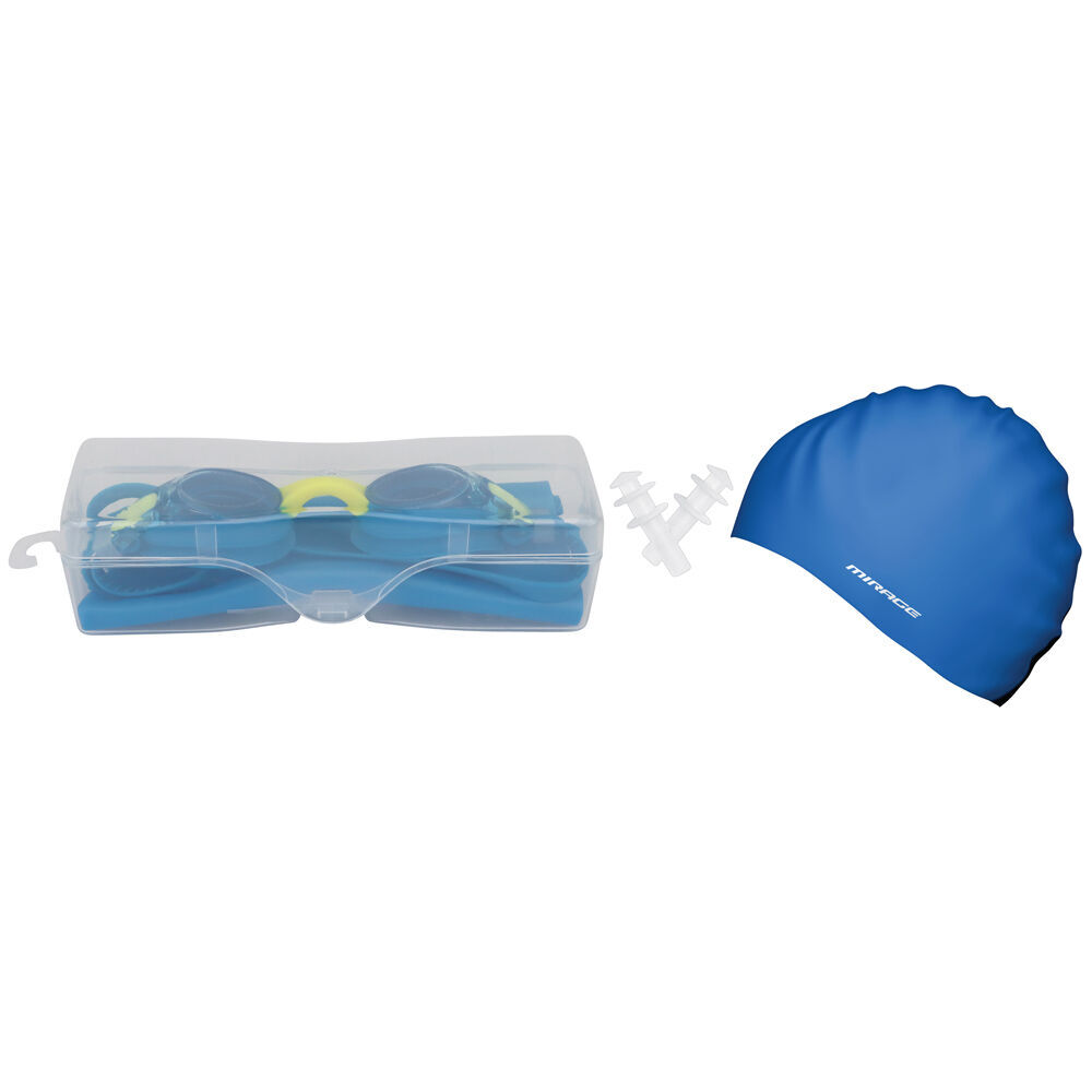 2PK Mirage Junior Kids Goggles/Swim Cap/Ear Plugs Swimming Pack Blue