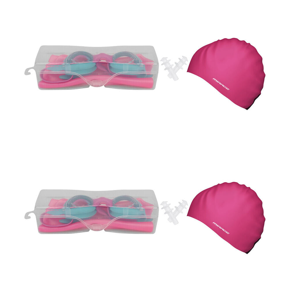 2PK Mirage Junior Kids Goggles/Swim Cap/Ear Plugs Swimming Pack Pink