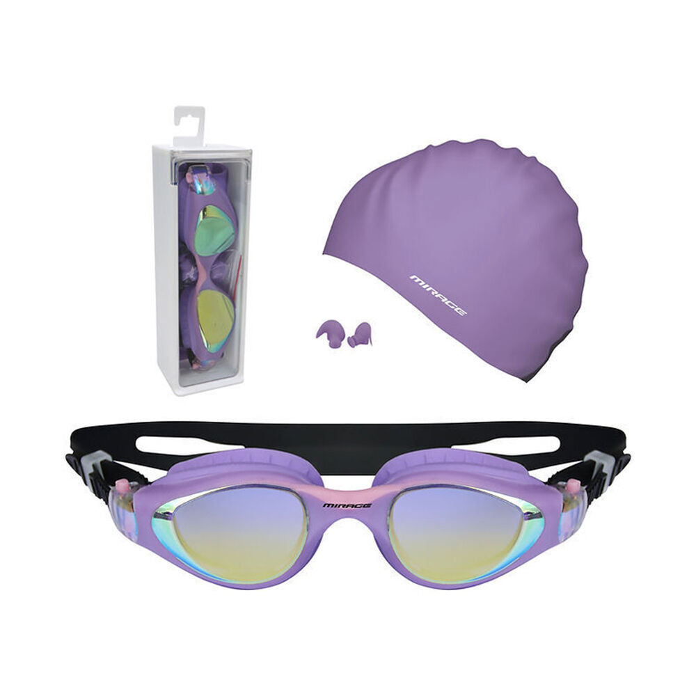 2PK Mirage Vortex Junior Performance Goggles/Swim Cap/Ear Plugs Swim Pack Purple