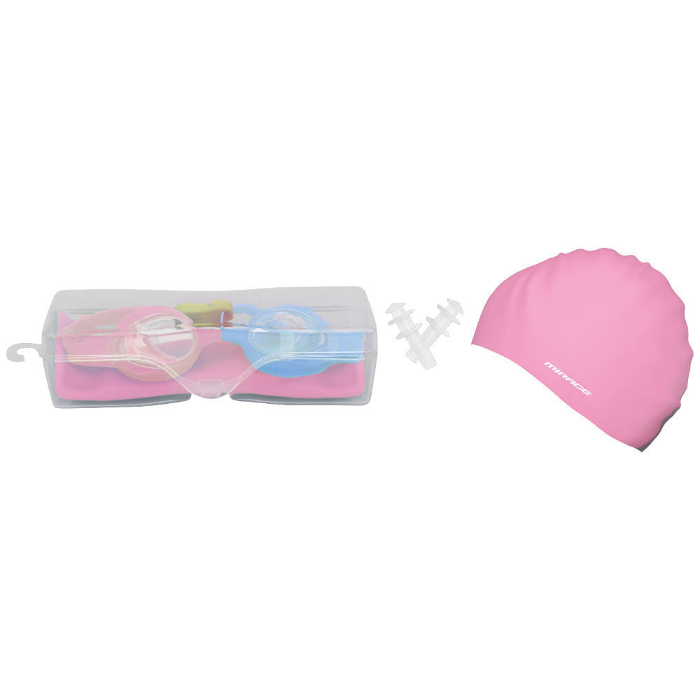 2PK Mirage Kids Goggles/Swim Cap/Ear Plugs Swimming Pack Blue/Pink