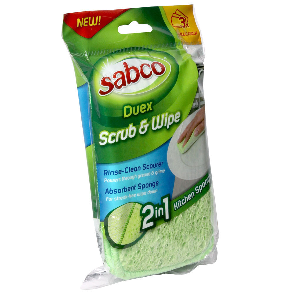 3 x 3pc Sabco Duex Scrub & Wipe 2 In 1 Kitchen Sponge