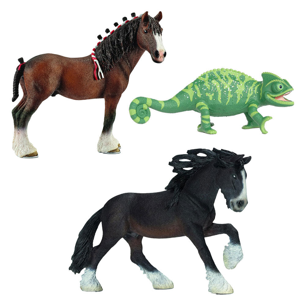 Schleich Caspar Chamaeleon, Stallion & Clydesdale Animal Action Play Kid Toys 3Y