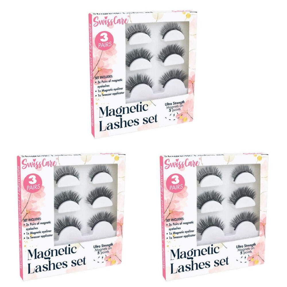 3x 3 Pairs of SwissCare Magnetic Eyelashes w/ Eyeliner & Tweezer Set Reusable