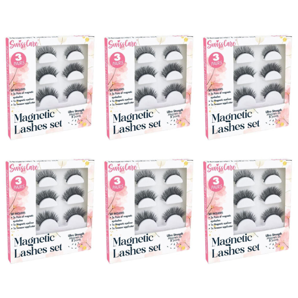6x 3 Pairs of SwissCare Magnetic Eyelashes w/ Eyeliner & Tweezer Set Reusable