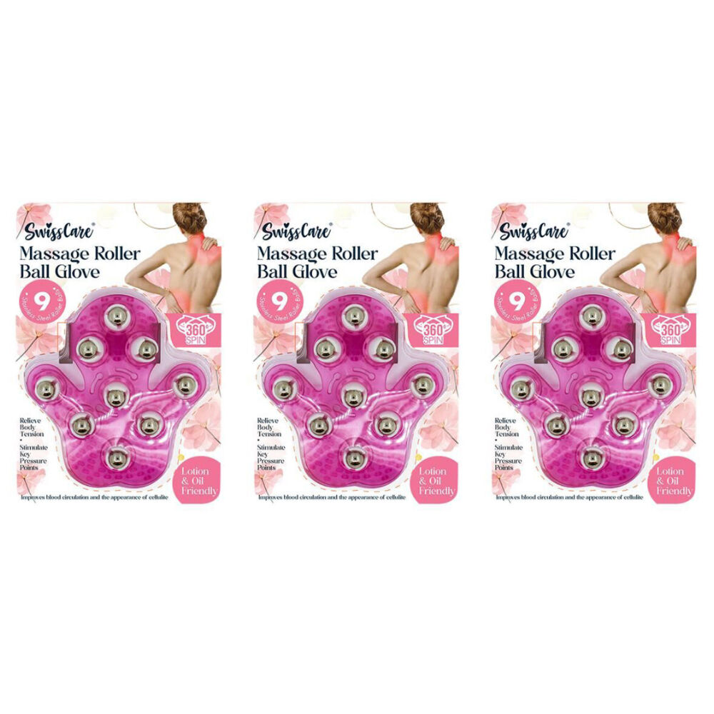 3PK SwissCare Massage Roller Ball Glove 360 Spin Lotion & Oil Friendly Pink