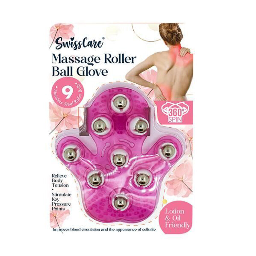 3PK SwissCare Massage Roller Ball Glove 360 Spin Lotion & Oil Friendly Pink