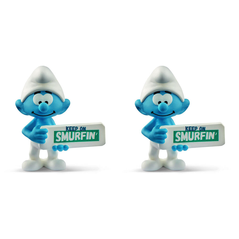 2PK Schleich Kids/Childrens Toy Figurine Smurf with Sign (Keep On Smurfin') 7y+