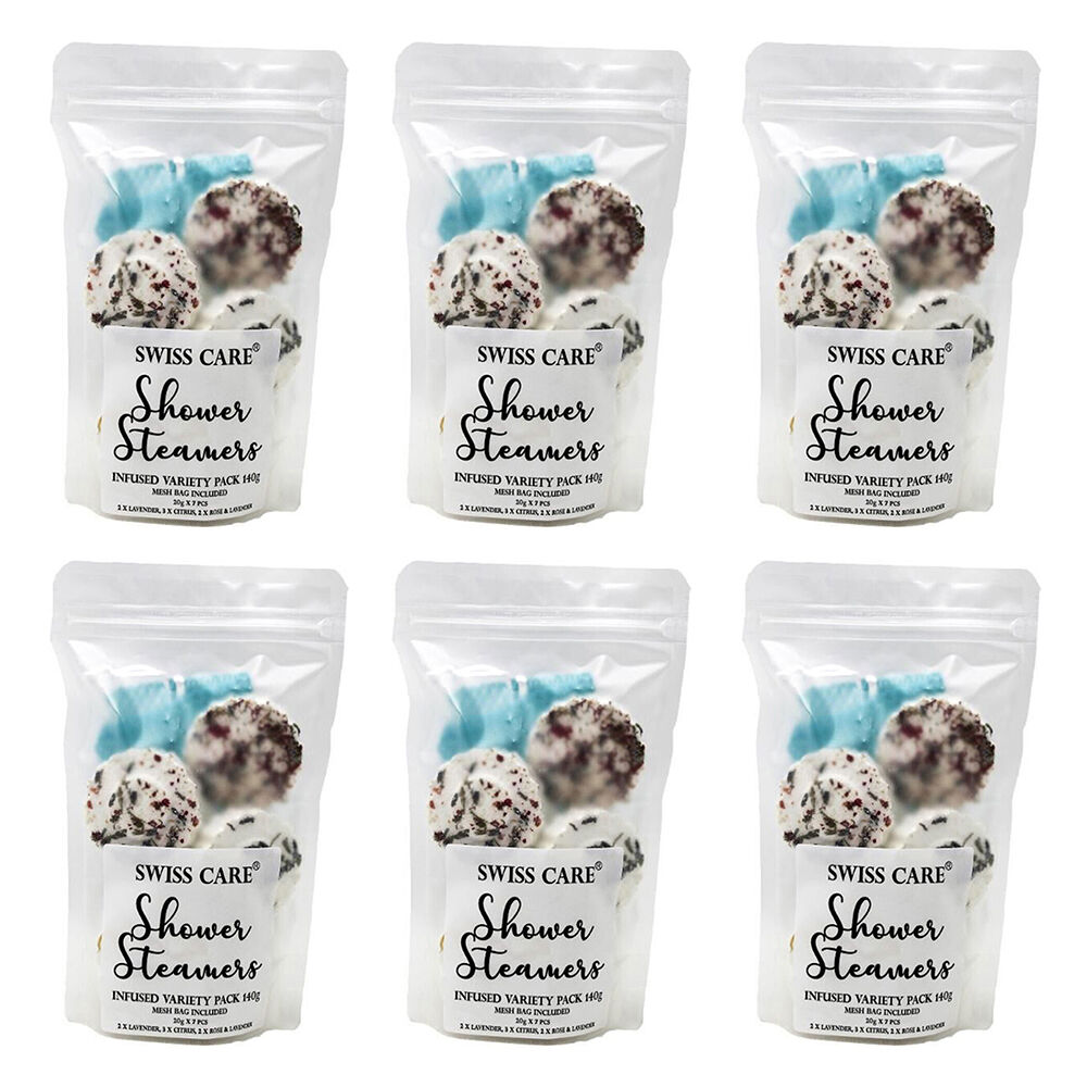 6PK SwissCare Shower Steamers Infused Variety Pack w/ Mesh Bag 140g Assorted