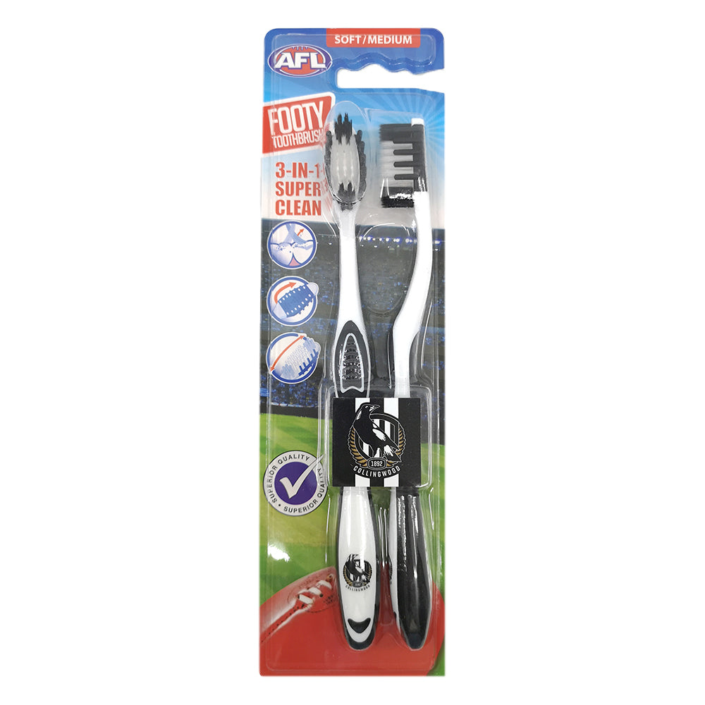 3x 2pc AFL Soft/Medium Toothbrush Oral Care Collingwood Magpies Kids/Adults 6y+