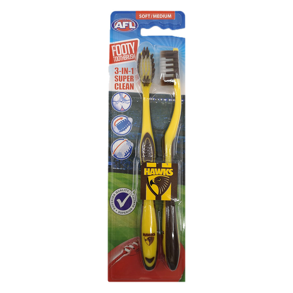 3x 2pc AFL Soft/Medium Toothbrush Oral Care Hawthorn Hawks Kids/Adults 6y+