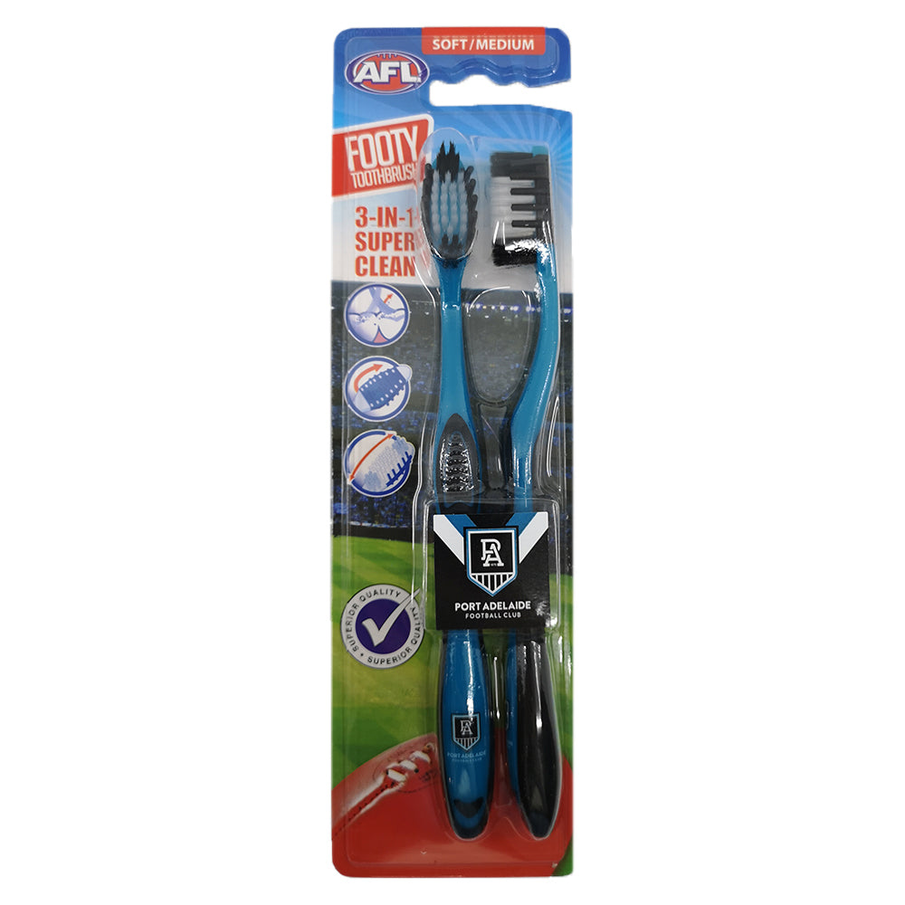 3x 2pc AFL Soft/Medium Toothbrush Oral Care Port Adelaide Power Kids/Adults 6y+
