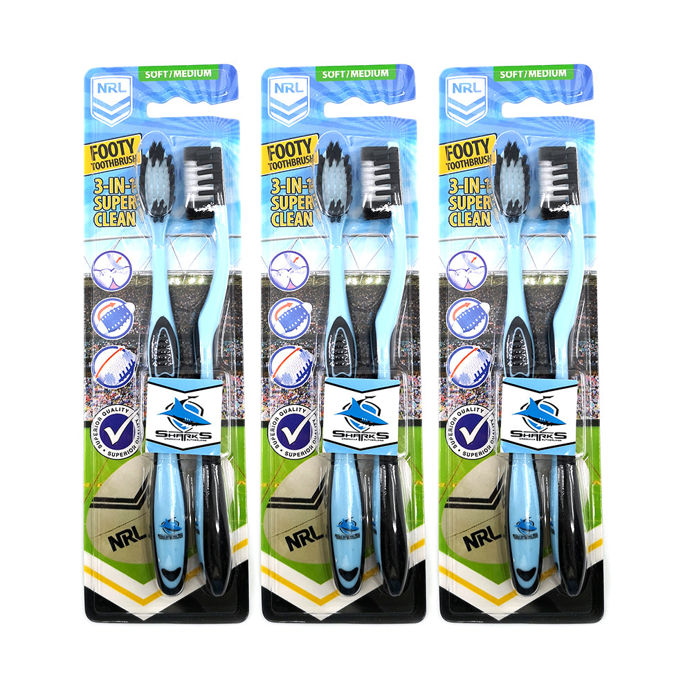 3x 2pc NRL Cronulla Sharks Soft/Medium Toothbrush Kids/Adults Oral Care 6y+