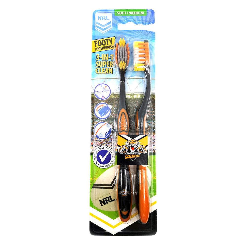3x 2pc NRL West Tigers Soft/Medium Toothbrush Kids/Adults Oral Care 6y+
