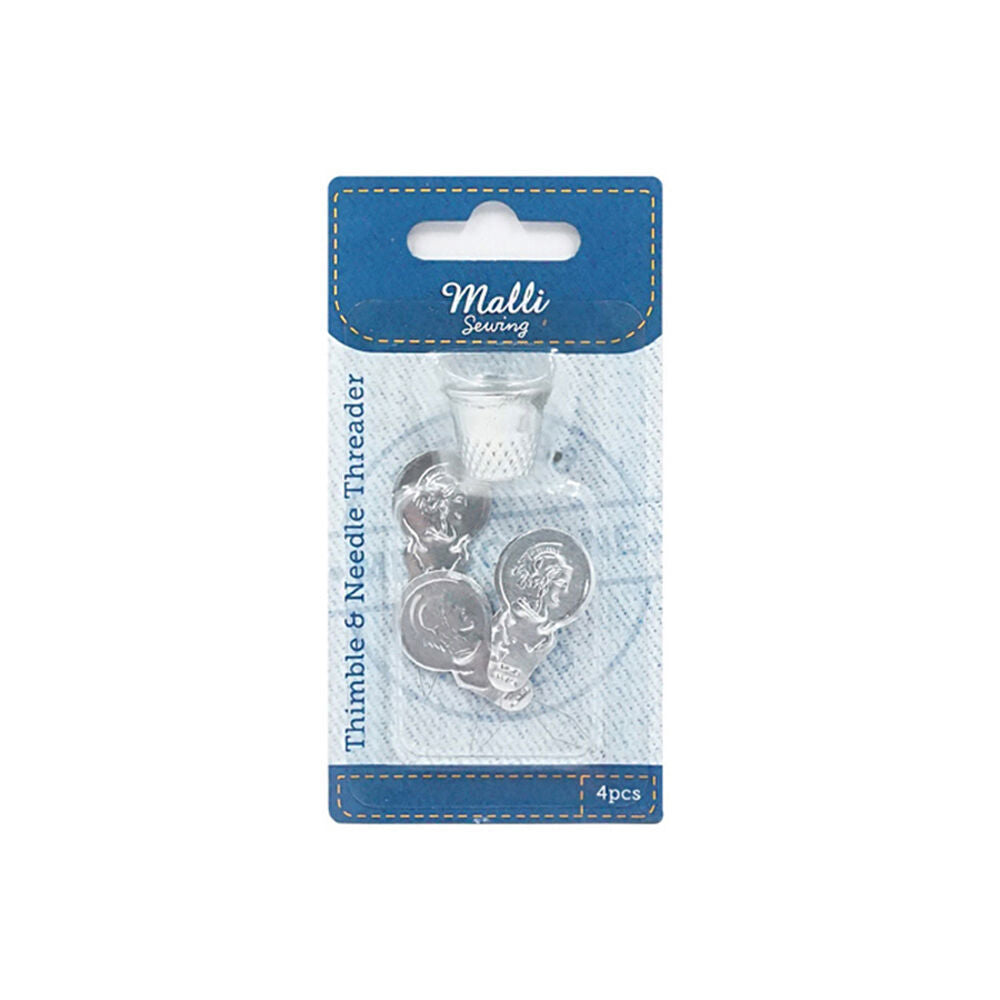 12PK Malli Sewing Metal Finger Thimble & Needle Threader - Silver
