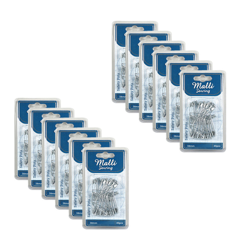 12x 45pc Malli Sewing Assorted Metal Safety Pins 38mm - Silver