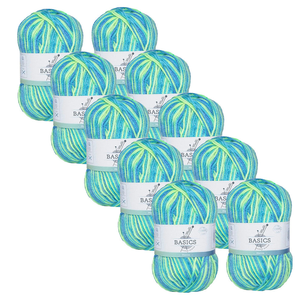 10x Malli Blend Basic Multi Colour 100g Acrylic/Poly Yarn Knitting Marine