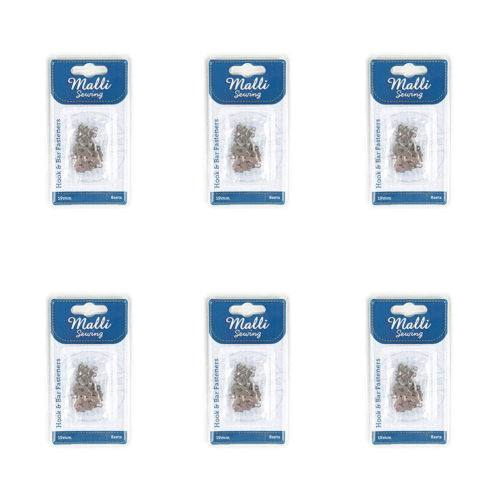 6PK Malli Sewing 8-Sets Metal Hook & Bar Fasteners 19mm - Silver