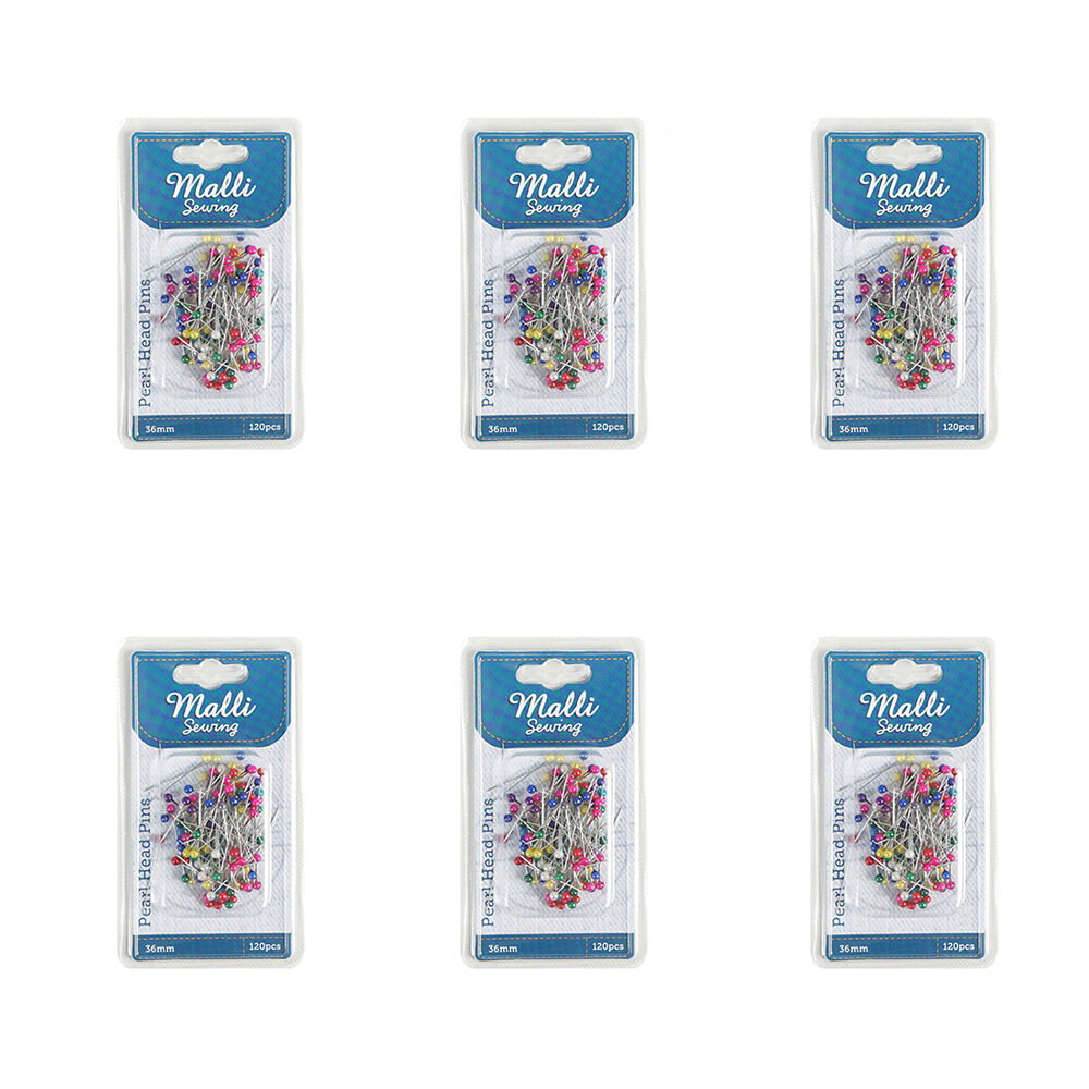 6x 120pc Malli Sewing Metal Pearl Head Pins 36mm - Assorted