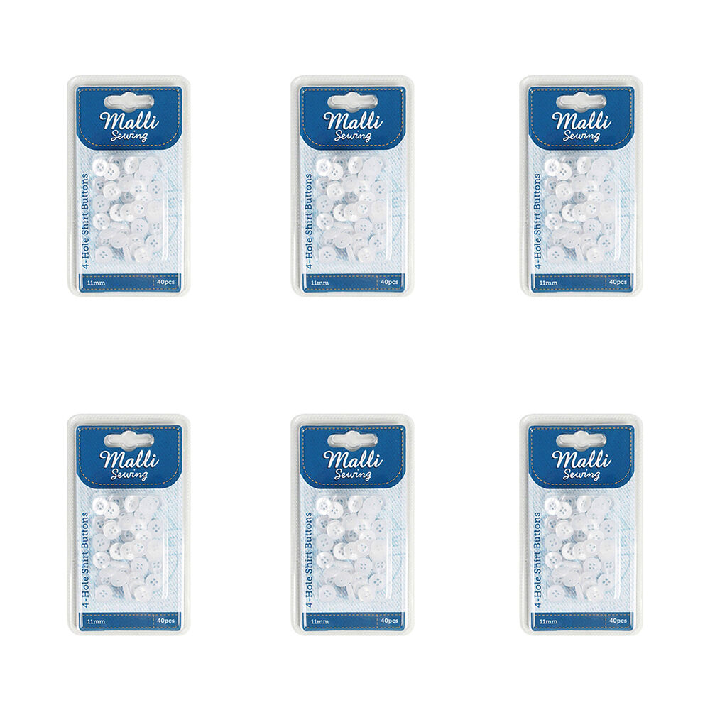 6x 40pc Malli Sewing Classic Plastic Sewing Buttons Round 11mm - White