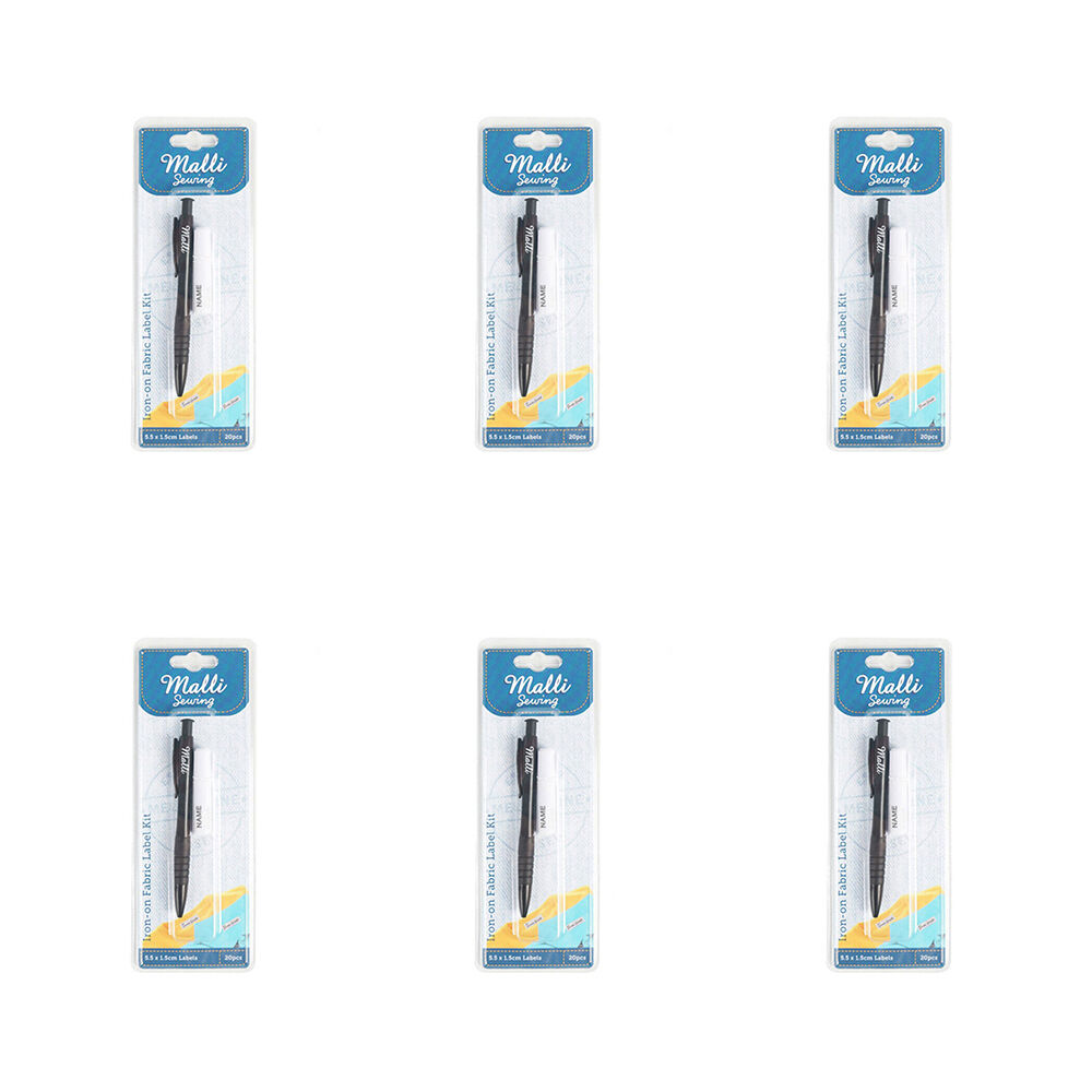 6PK Malli Iron-On Fabric Name Label & Pen Kit 5.5x1.5cm - Black