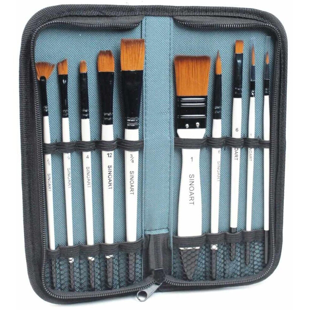 10pc Sinoart Synthetic Short Handle Artist Paint Brush Wallet White