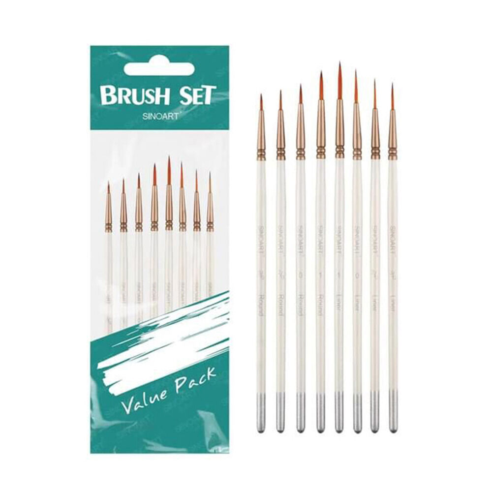 8pc Sinoart Artists Short-Handle Fine Detail Brush Set Golden Taklon White