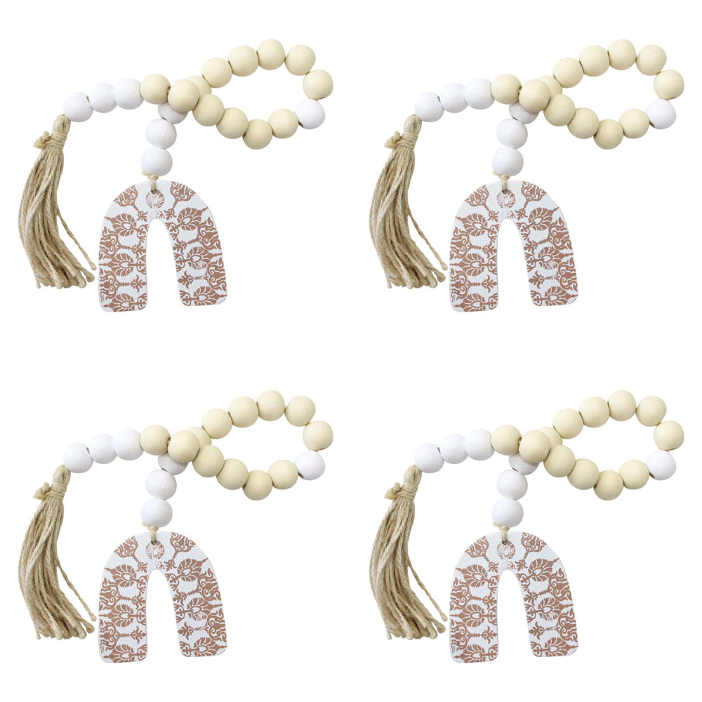 4PK LVD Wood/MDF/Jute 53cm Arch Strand Bead Decor - White