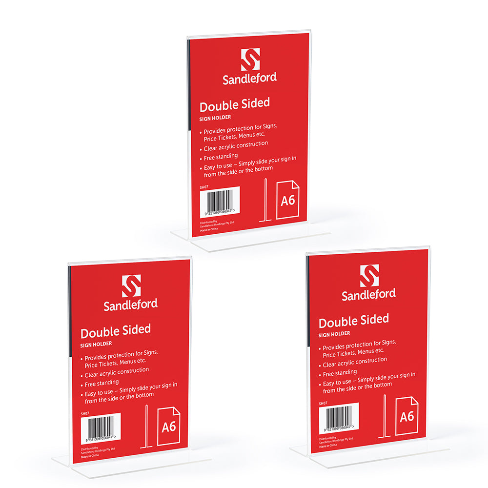 3PK Sandleford Double-Sided T-Shape Portrait Sign Holder A6 W106 x D40 x H152mm