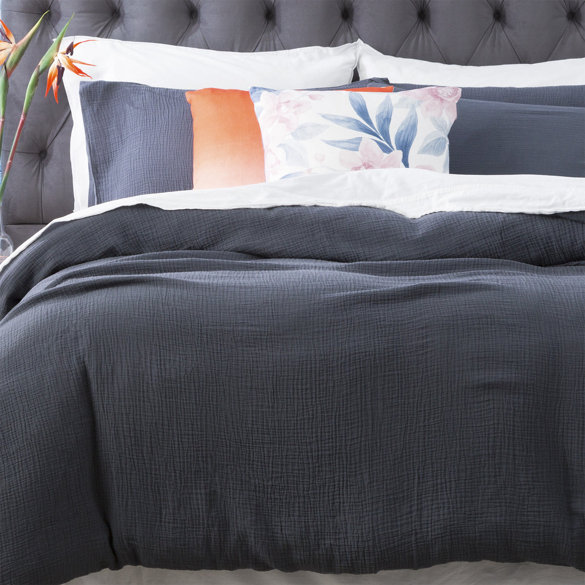 Solana Washed Cotton Textured Quilt Cover Set King Blue