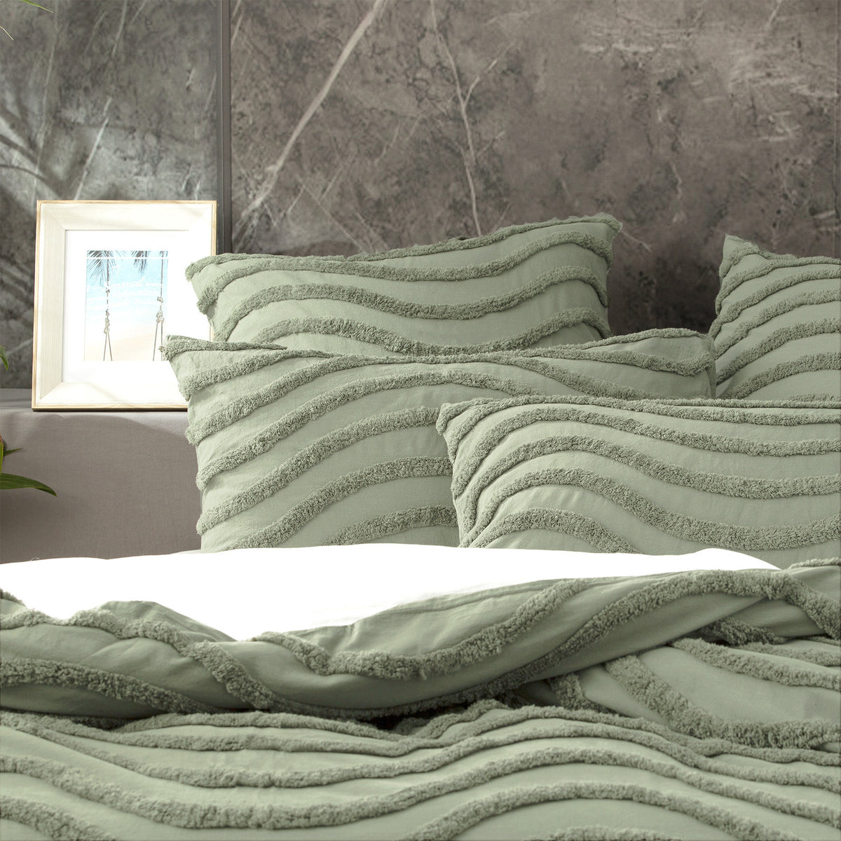Cloud Linen Wave Chenille Vintage Washed Tufted Quilt Cover Set Double Sage