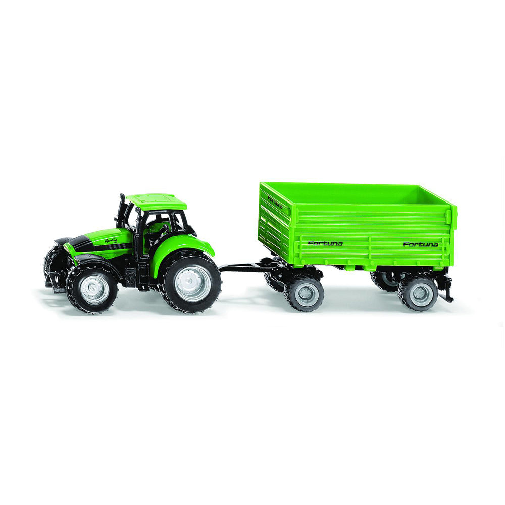 2PK Siku DEUTZ-FAHR Tractor w/ Fortuna 4-Wheel Trailer Diecast 168mm Toy 3y+